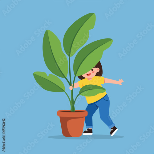 Little Girl Hiding Behind Large Potted Plant on Blue Background Illustration