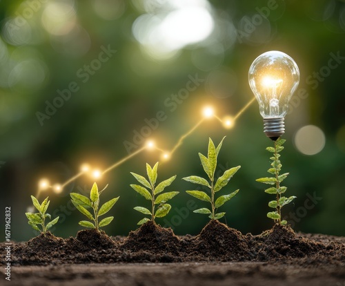 Plants grow towards a lightbulb idea, illustrating progress and innovation