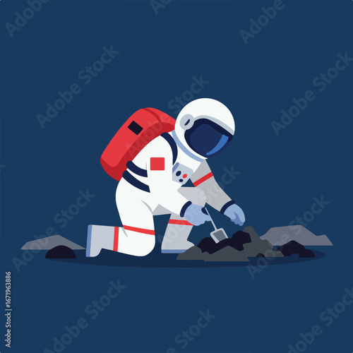 Astronaut Digging Soil on Lunar Surface (moon, exploration, astronautics)