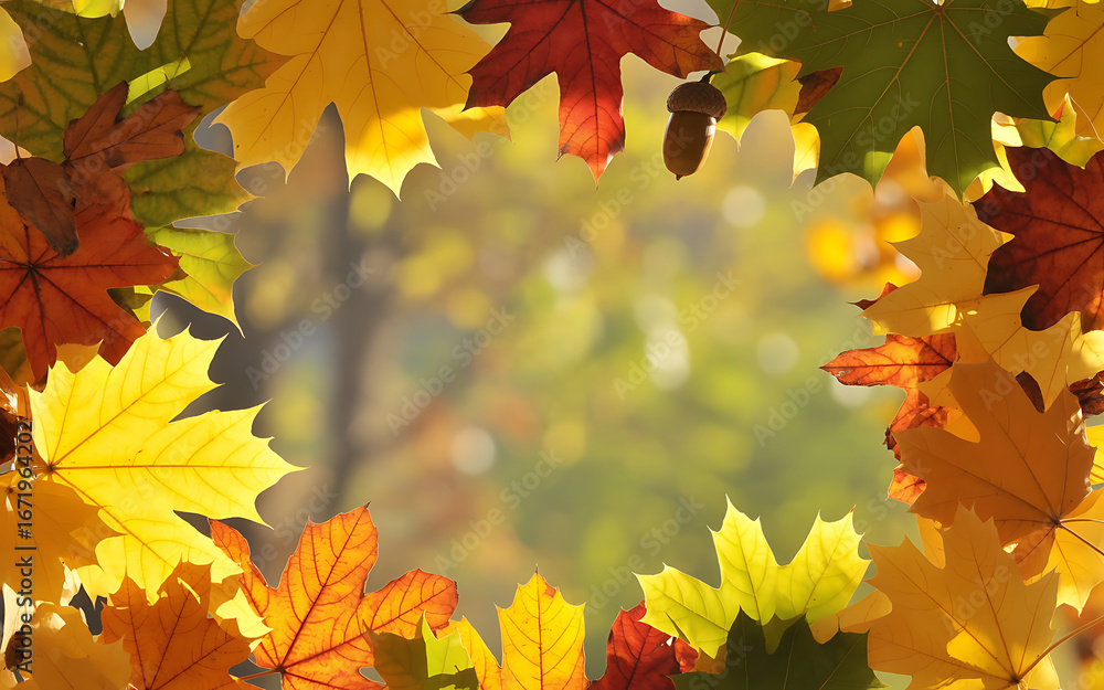 Fototapeta premium Frame of Yellow Maple Leaves and Red Oak Leaves with Acorns Background