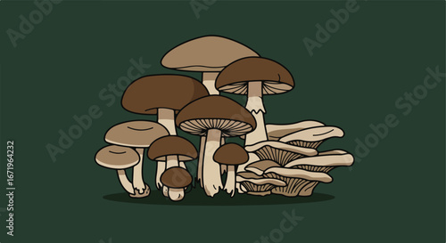Mushrooms Growing Naturally in Woods Illustration on a dark green background