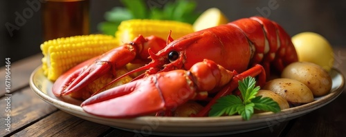 A classic New England lobster boil, featuring succulent lobster meat, corn on the cob, and potatoes Perfectly cooked and ready to enjoy A timeless summer feast , cooking, prepared, rustic