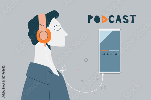 Man with headphones listening to podcast or radio on smartphone, Represents modern digital learning.