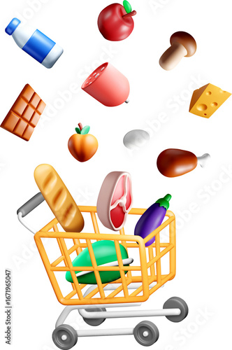 3D Grocery Cart with Floating Food Items