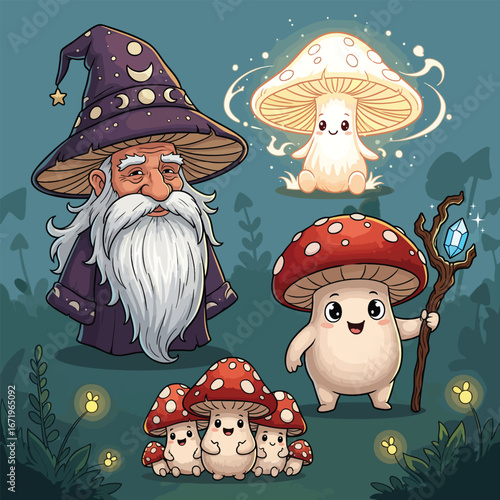 A charming collection of cartoon fantasy characters featuring a wise wizard and cute magical mushrooms.