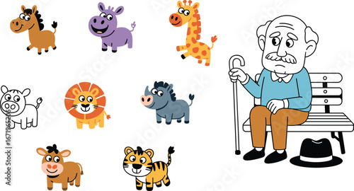 Cute colorful cartoon animals with a sad elderly man sitting on a bench, playful kids illustration, kids friendly vector art