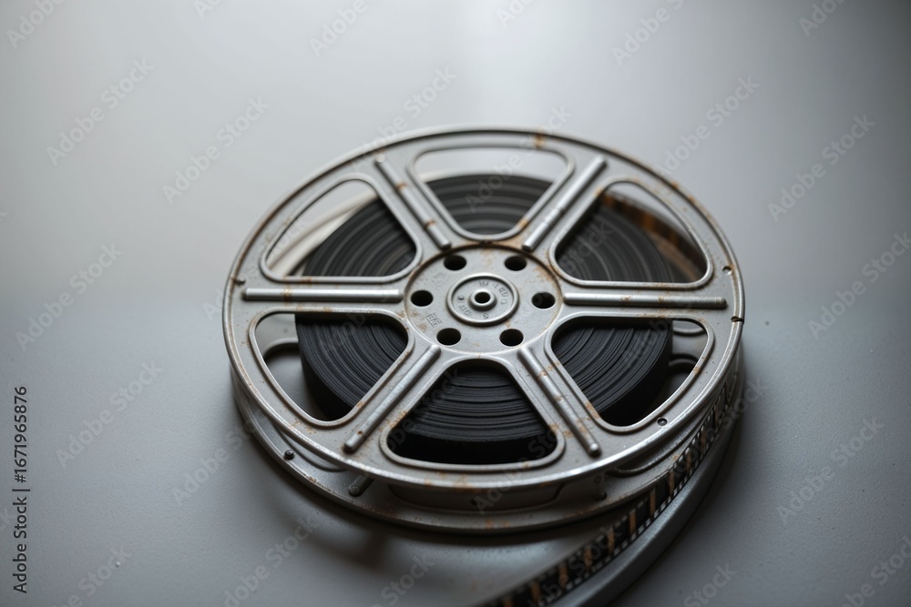 Obraz premium Vintage Film Reel on White Surface with Filmstrip Background