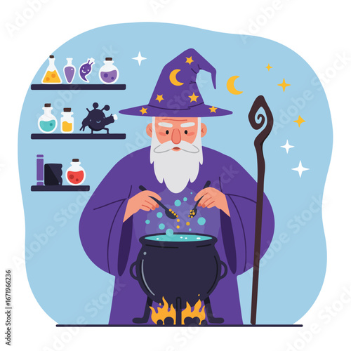 Wizard brewing potion in laboratory with magic, cauldron, spells and potions