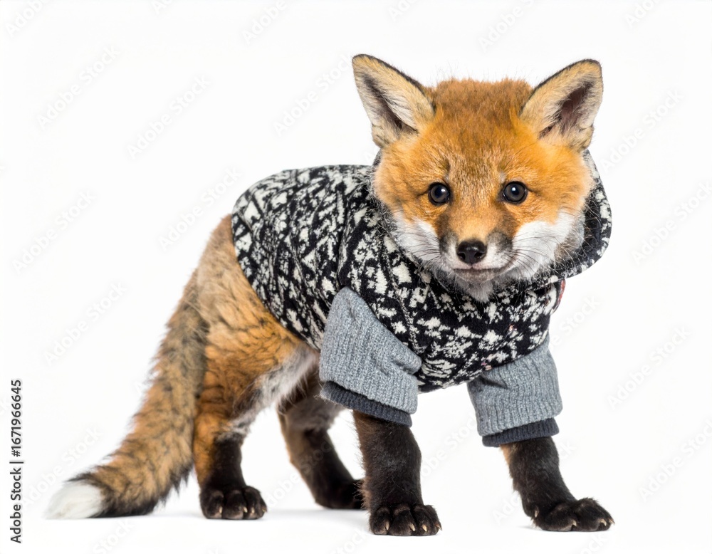 Obraz premium Portrait of a Red Fox Posing in Gray Winter Knitted Sweater Isolated on White