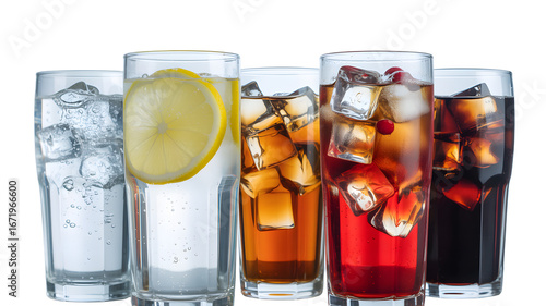 Refreshing assortment of cold drinks with ice in tall glasses sparkling and inviting
