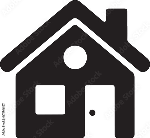 Simple Black and White Icon of a House with a Chimney, Window, and Door