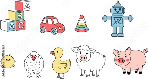Cute kids toys and farm animals set with ABC blocks, car, stacking rings, robot, chick, sheep, duck, pig cartoon