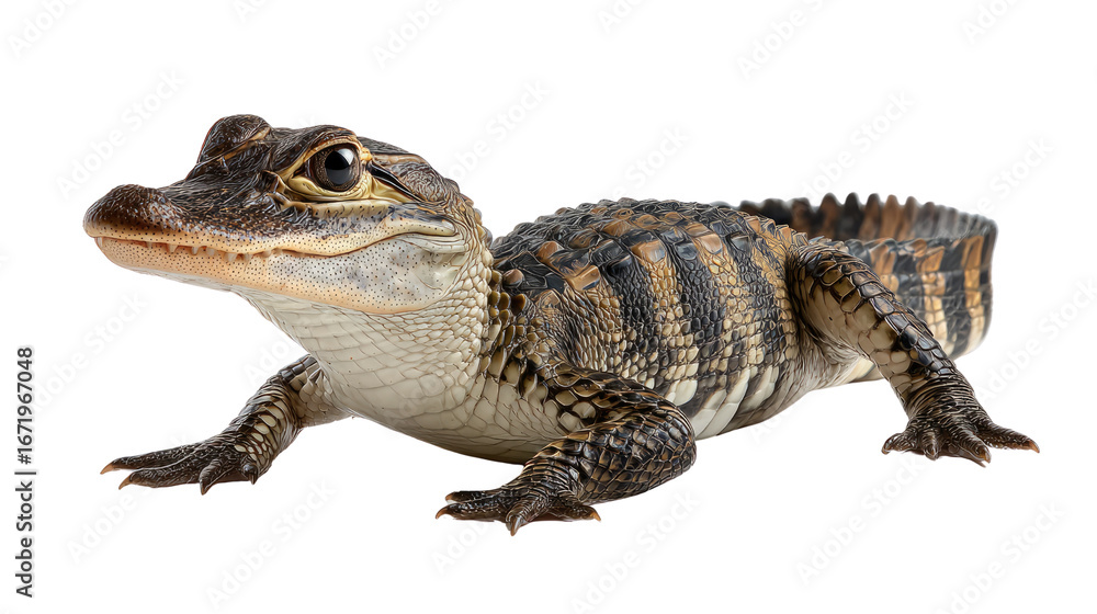 Naklejka premium Baby Alligator Portrait: A captivating studio portrait of a baby alligator showcases its intricate patterns and textures, emphasizing its prehistoric charm.