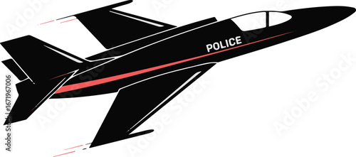 Sleek Black Police Jet with Red Stripe and Exhaust Trails in Motion