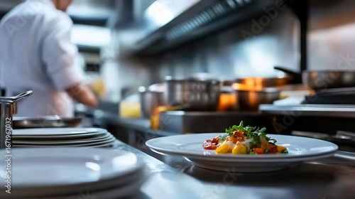 Exquisitely Plated Dish, Restaurant Kitchen Background, Professional Chef Working Scene Material