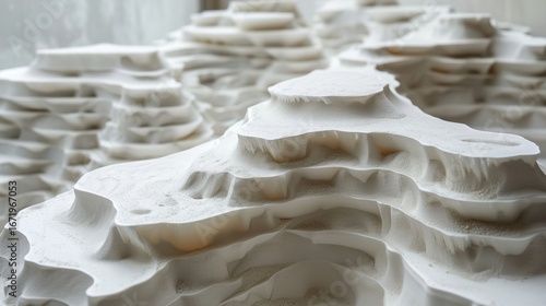 Abstract white sculpture resembling layered mountains with intricate textures and shadows