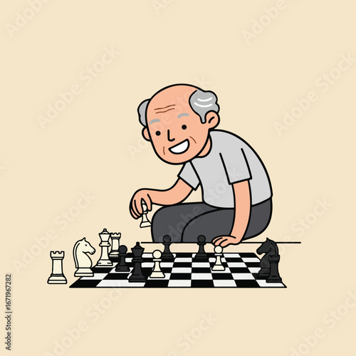 Senior Plays Chess at Home Game