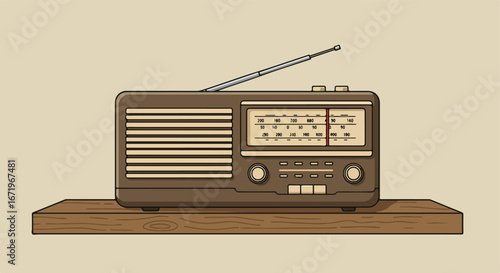 Vintage Radio Broadcasting Sounds on a Wooden Shelf