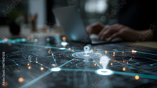 Wallpaper Mural Autonomous AI digital roadmap with glowing location pin icons agent. Urban planning business operation GIS navigation tracking. Lost items  and transportation network distribution Torontodigital.ca