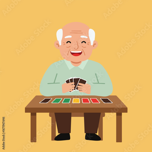 Elderly Man Playing Card Game At Table