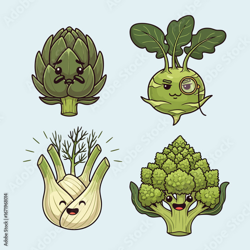 A charming set of four illustrated green vegetable characters with cute expressive kawaii faces.
