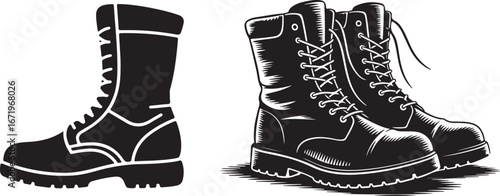Black and white illustration of two pairs of combat boots on a white background
