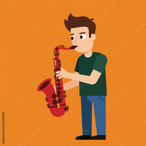 Cartoon Man Playing Saxophone on Orange Background
