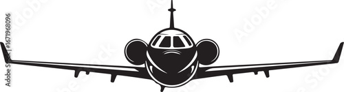 Black and white silhouette of a modern private jet airplane viewed from the front