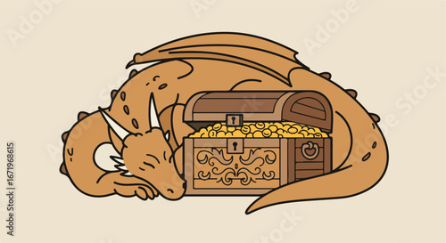 , keywords, and category for the image

 Dragon Sleeping on Gold in Treasure Chest