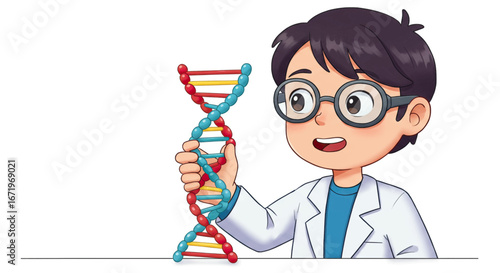 A curious cartoon boy scientist in a white lab coat and glasses, holding and examining a colorful DNA double helix model.