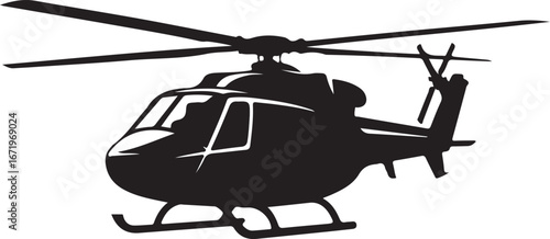 Silhouette of a helicopter with rotating blades and landing gear on a white background