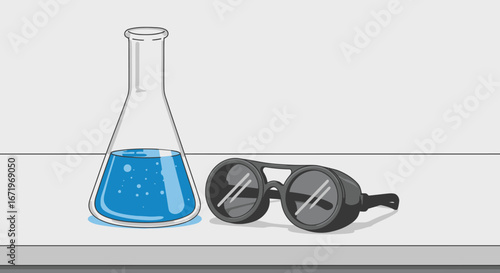 Erlenmeyer flask with bubbling blue liquid next to black safety goggles on a lab table.