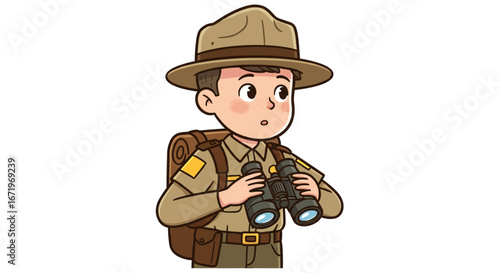 Cute cartoon park ranger boy in uniform with a backpack, holding binoculars with a surprised expression.