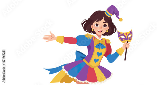 Cheerful young woman in a colorful jester costume with a harlequin hat holding a mask.
