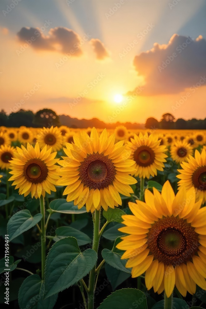 Obraz premium A field of sunflowers basking in the golden light of dawn, their faces turned towards the rising sun, a vibrant display of nature's radiant beauty , bloom, sunflowers, petals