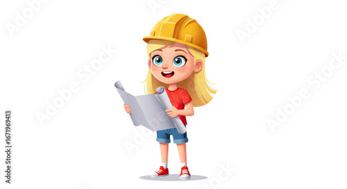 Cheerful Girl Engineer in Yellow Helmet Examining Blueprint