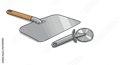 Isometric illustration of pizza making tools, a metal peel with a wooden handle and a pizza cutter wheel.