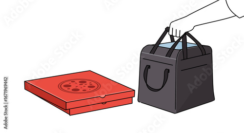 Hand carrying a black insulated food bag next to a stack of red pizza boxes, a food delivery concept illustration.
