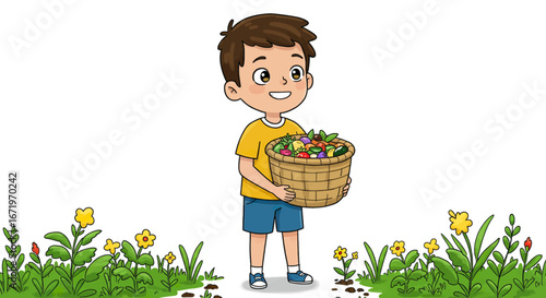 Happy cartoon boy in a yellow shirt holding a wicker basket full of colorful, fresh produce.