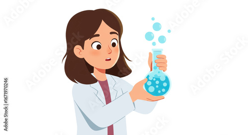 Curious cartoon female scientist in a white lab coat holding a bubbling blue chemical flask.
