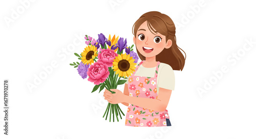 Cheerful female florist in a pink floral apron holding a vibrant bouquet of mixed flowers.
