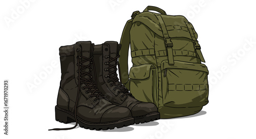 A pair of black combat boots and an olive green tactical backpack, illustrated in a bold, graphic style.