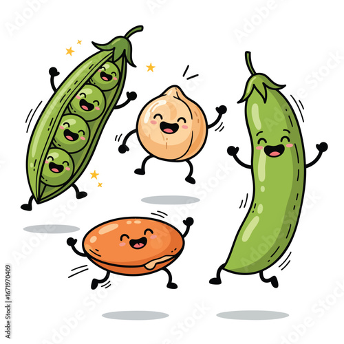 A cheerful group of illustrated legume characters dancing happily including a pea pod chickpea soybean and lentil.