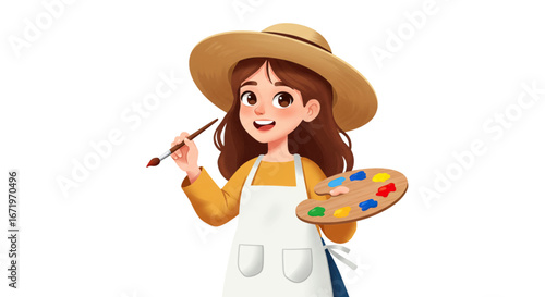 Cheerful young artist with straw hat, holding paintbrush and colorful paint palette