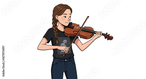 Anime-style girl with braided hair and a gentle smile, playing a classical violin.