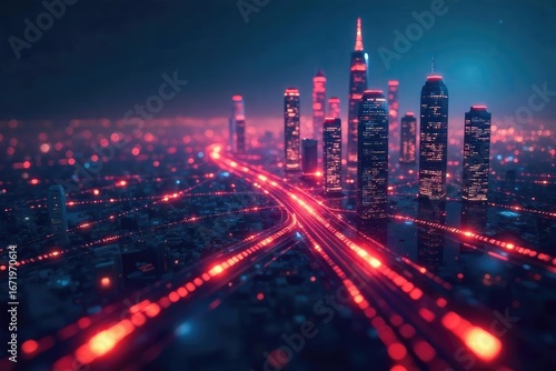 Wallpaper Mural A futuristic cityscape with interconnected nodes and glowing lines illustrating seamless data flow and technological integration ,  internet, network Torontodigital.ca