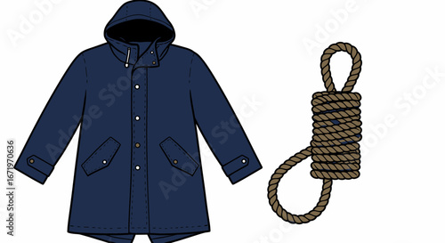 A conceptual illustration of a blue parka jacket placed next to a hangman's noose made of brown rope.