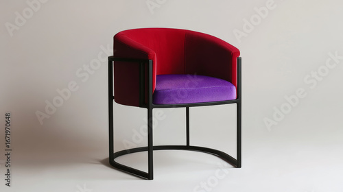 A modern chair featuring a crimson seat and violet backrest, framed in black metal. 