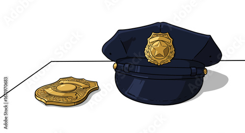 Classic dark blue police hat with a golden star emblem and a separate shield badge, illustrated in a comic style.