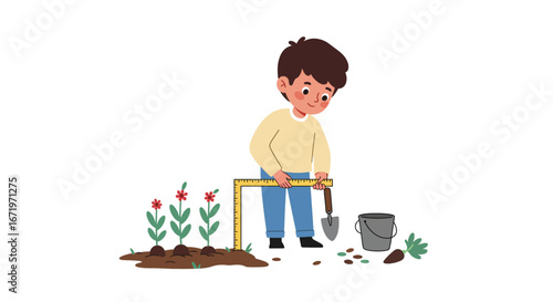 Young boy measuring plants with a ruler in a garden